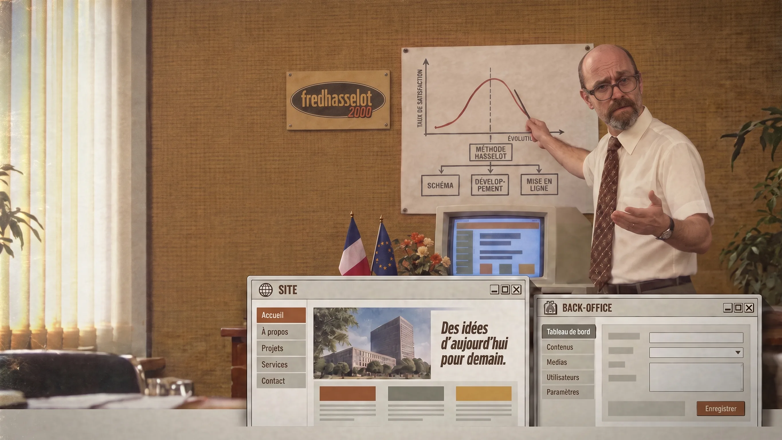Un homme présente la « méthode Hasselot » au tableau, dans un bureau des années 1980, sous une plaque « fredhasselot 2000 » ; au premier plan, deux fenêtres montrent un site et son back-office