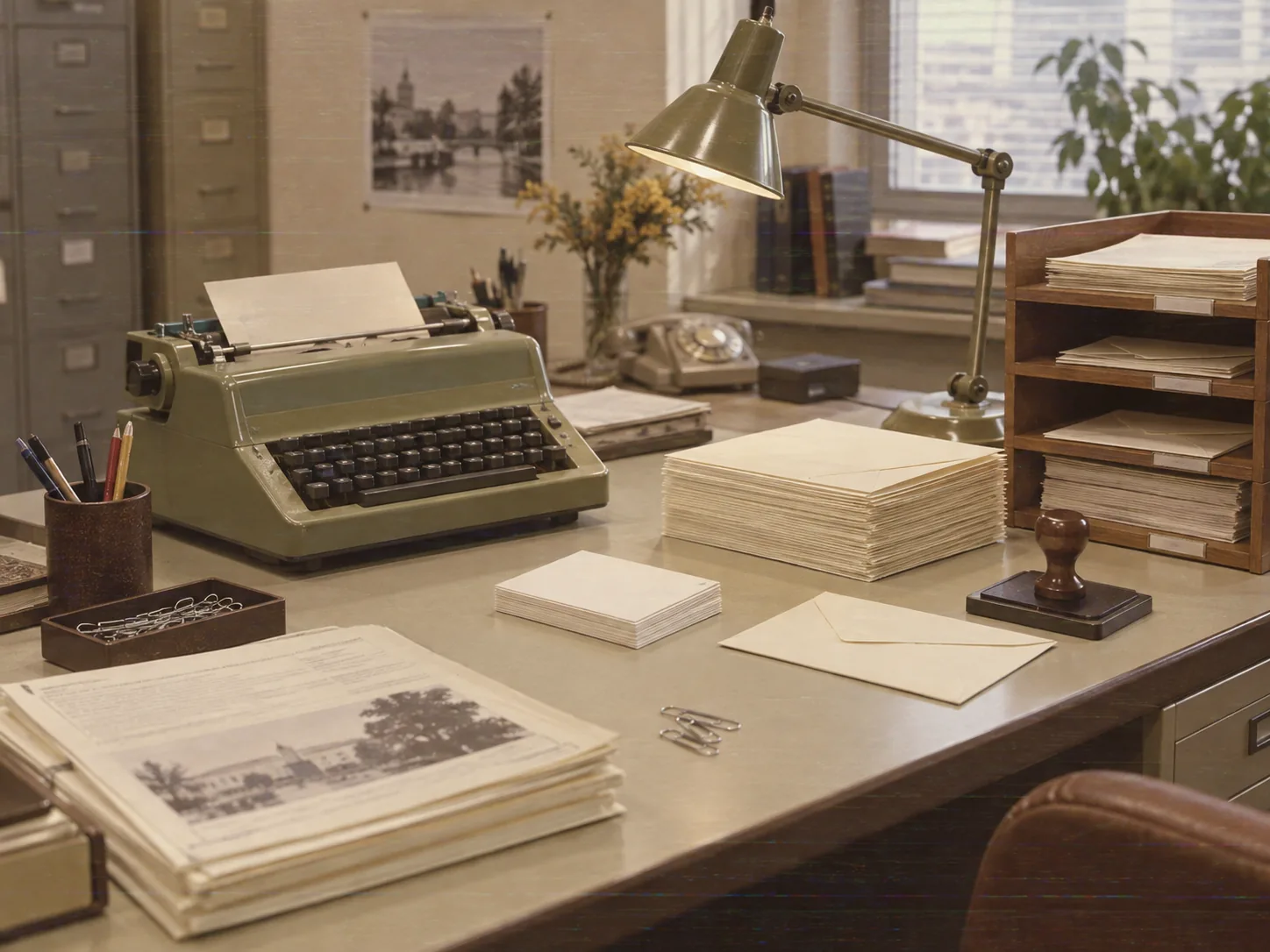 Un bureau des années 1980 : une machine à écrire verte, une lampe articulée, des piles d’enveloppes et un tampon encreur