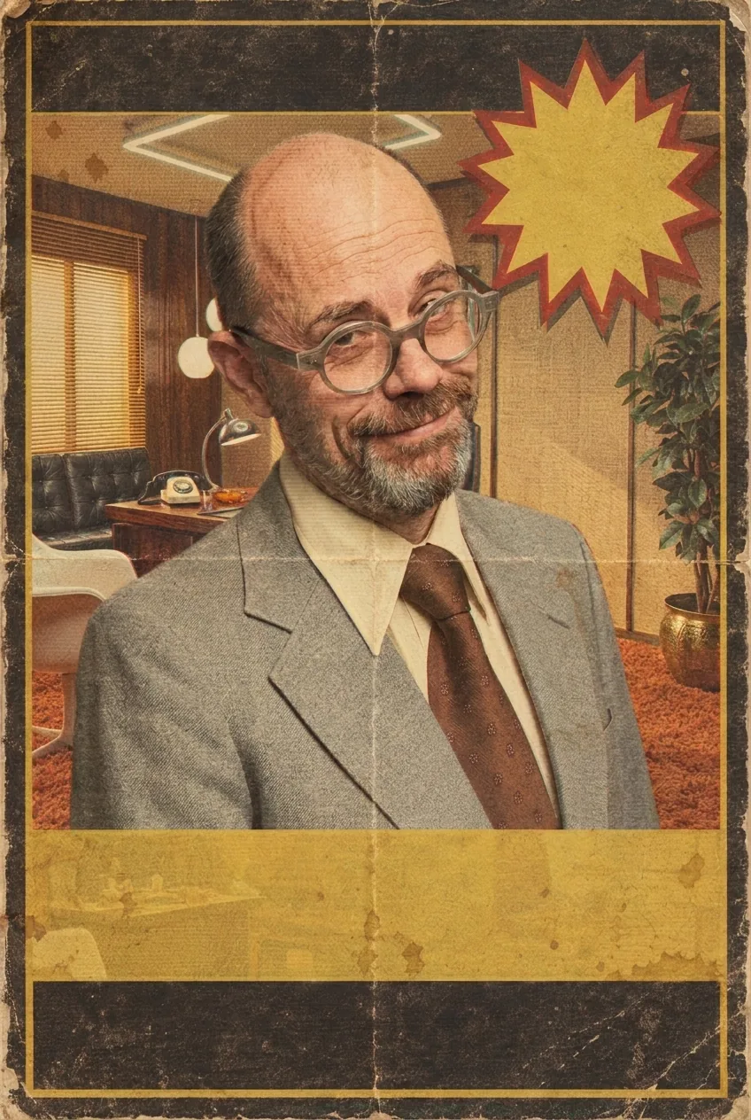 Affiche publicitaire d’époque : un homme en costume gris clair sourit dans un bureau des années 1970