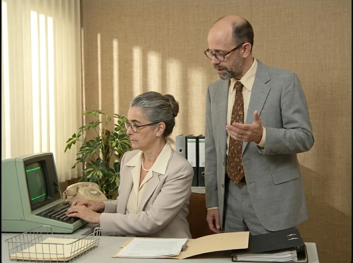 Un homme debout dicte à une femme en tailleur clair qui saisit sur un terminal à écran vert, dans un bureau des années 1980
