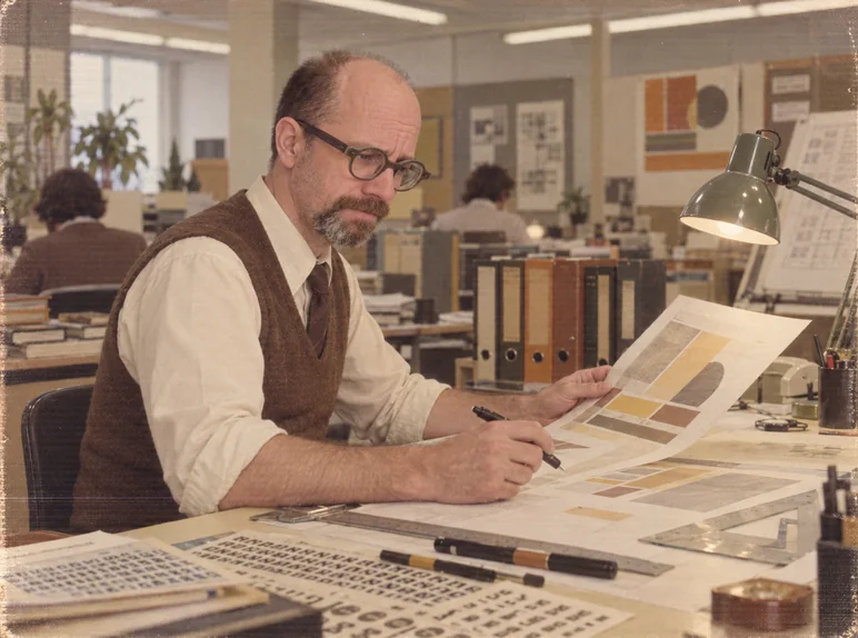 Un homme en gilet dessine à une table à dessin, dans un bureau d’études des années 1980
